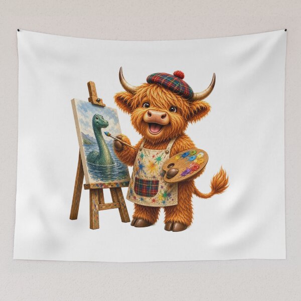 Item preview, Cute Scottish Highland Cow Artist Painting the Loch Ness Monster designed and sold by MaedK.