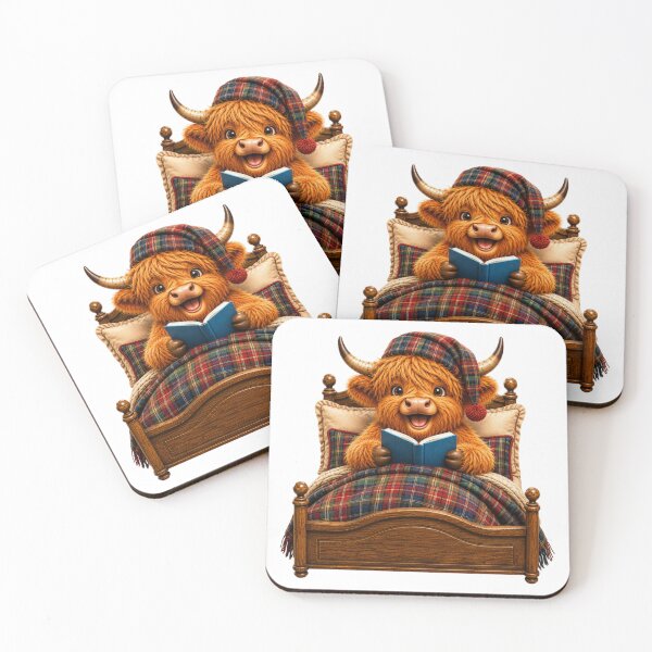 Item preview, Cute Scottish Highland Cow Reading a Book in Cosy Tartan Bed designed and sold by MaedK.