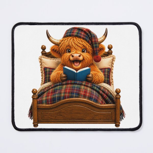 Item preview, Cute Scottish Highland Cow Reading a Book in Cosy Tartan Bed designed and sold by MaedK.