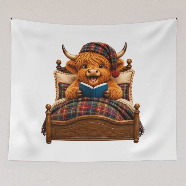 Item preview, Cute Scottish Highland Cow Reading a Book in Cosy Tartan Bed designed and sold by MaedK.