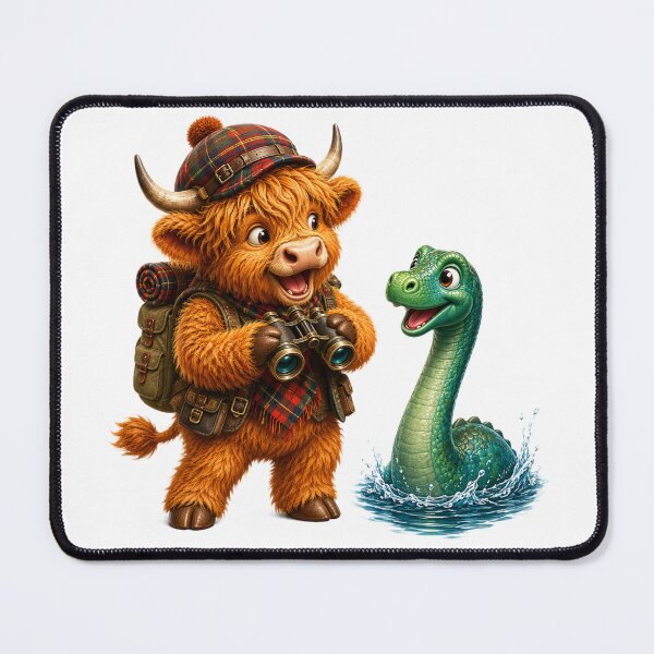 Item preview, Cute Scottish Highland Cow Exploring with the Loch Ness Monster designed and sold by MaedK.
