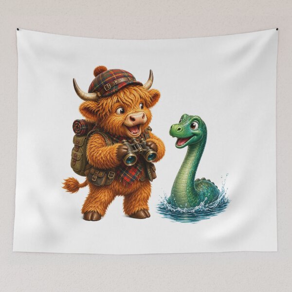 Item preview, Cute Scottish Highland Cow Exploring with the Loch Ness Monster designed and sold by MaedK.