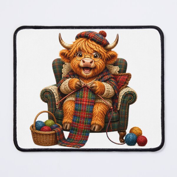 Item preview, Cute Scottish Highland Cow Knitting a Colourful Tartan Scarf designed and sold by MaedK.