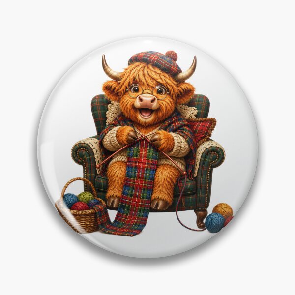 Item preview, Cute Scottish Highland Cow Knitting a Colourful Tartan Scarf designed and sold by MaedK.