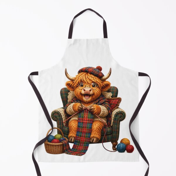 Item preview, Cute Scottish Highland Cow Knitting a Colourful Tartan Scarf designed and sold by MaedK.