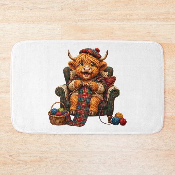 Item preview, Cute Scottish Highland Cow Knitting a Colourful Tartan Scarf designed and sold by MaedK.