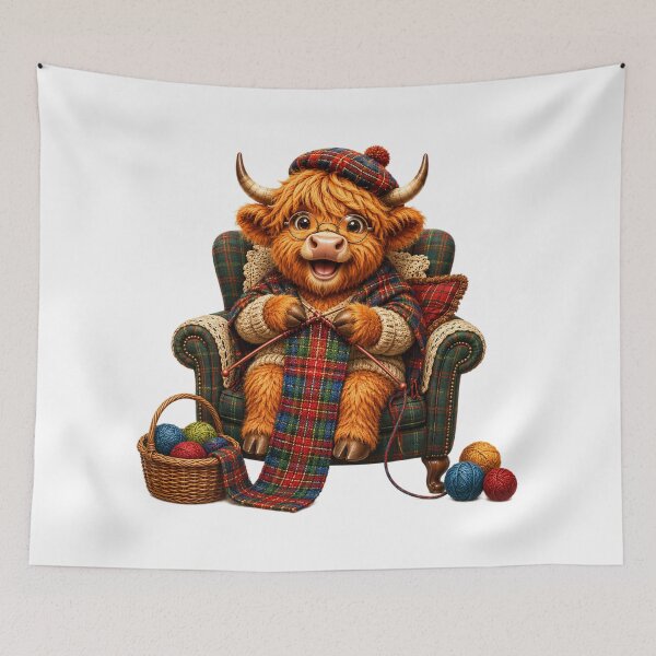 Item preview, Cute Scottish Highland Cow Knitting a Colourful Tartan Scarf designed and sold by MaedK.