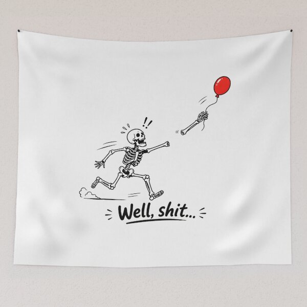 Item preview, Well Shit Funny Skeleton Flying Balloon Detached Arm Halloween Meme designed and sold by Moad Fahim.