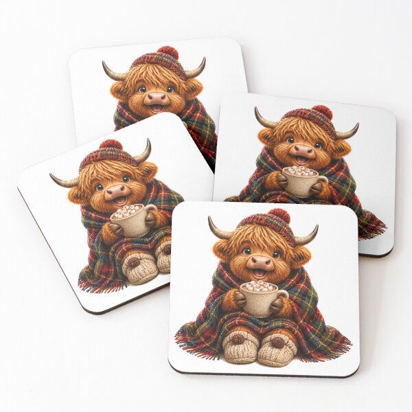 Item preview, Cute Scottish Highland Cow with Hot Chocolate and Tartan Blanket designed and sold by MaedK.