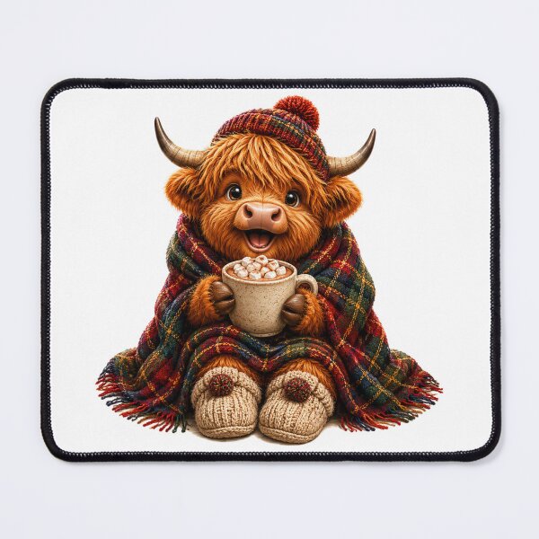 Item preview, Cute Scottish Highland Cow with Hot Chocolate and Tartan Blanket designed and sold by MaedK.