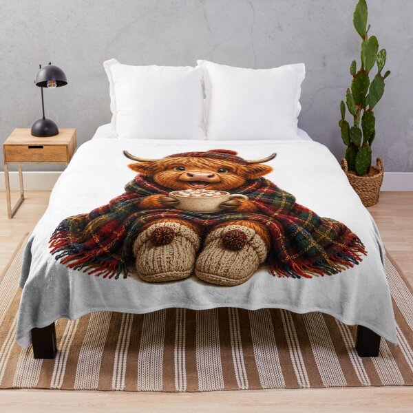 Item preview, Cute Scottish Highland Cow with Hot Chocolate and Tartan Blanket designed and sold by MaedK.