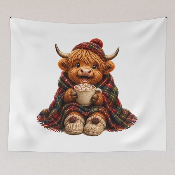 Item preview, Cute Scottish Highland Cow with Hot Chocolate and Tartan Blanket designed and sold by MaedK.