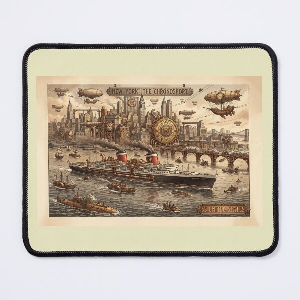 Item preview, Steampunk SS United States in New York Harbour - Retro Futuristic Art designed and sold by ArtworkNorth.