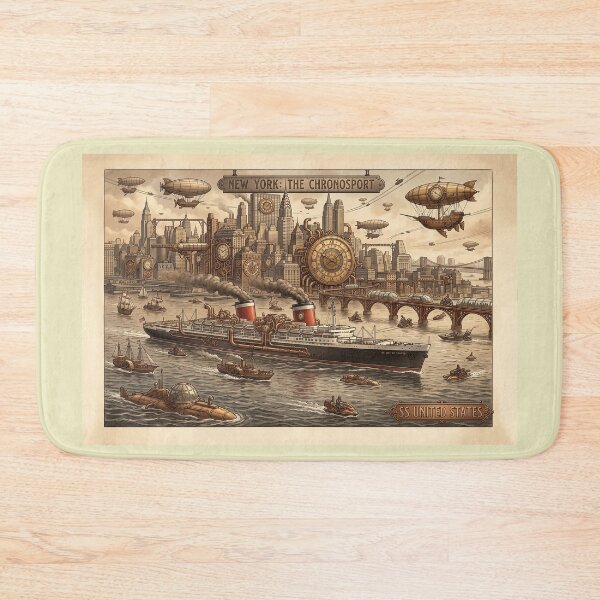 Item preview, Steampunk SS United States in New York Harbour - Retro Futuristic Art designed and sold by ArtworkNorth.