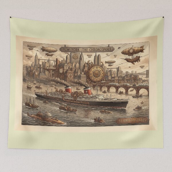 Item preview, Steampunk SS United States in New York Harbour - Retro Futuristic Art designed and sold by ArtworkNorth.