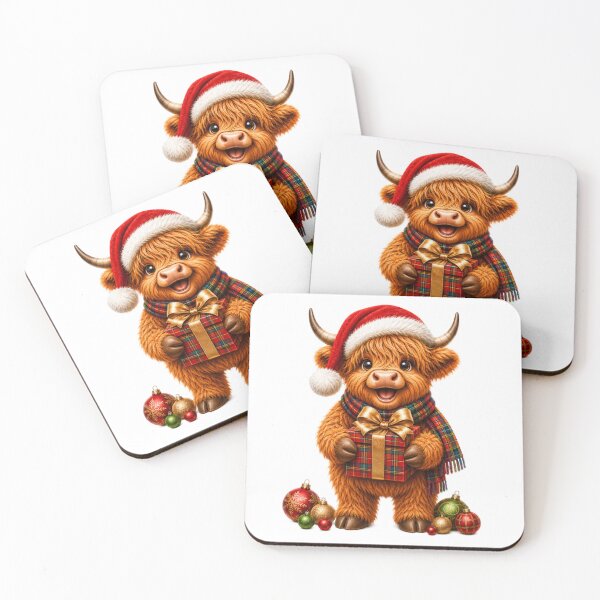 Item preview, Cute Scottish Highland Cow with Christmas Present and Santa Hat designed and sold by MaedK.