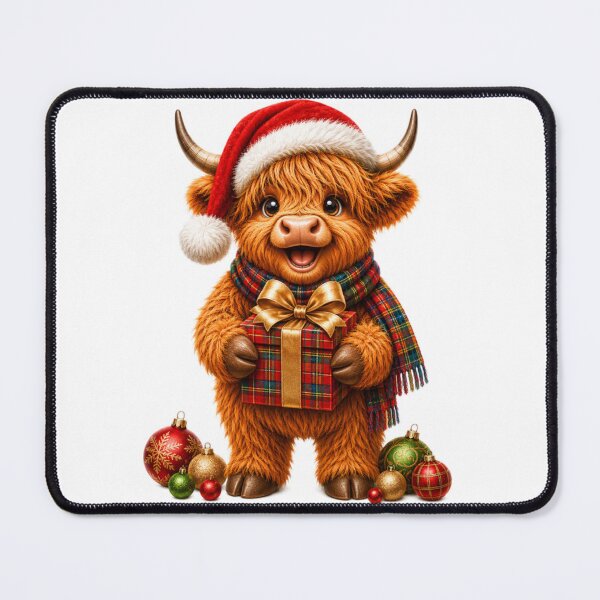 Item preview, Cute Scottish Highland Cow with Christmas Present and Santa Hat designed and sold by MaedK.