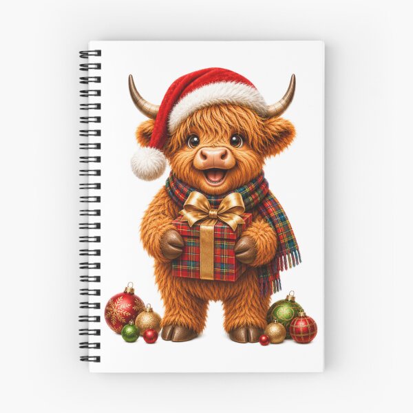 Item preview, Cute Scottish Highland Cow with Christmas Present and Santa Hat designed and sold by MaedK.