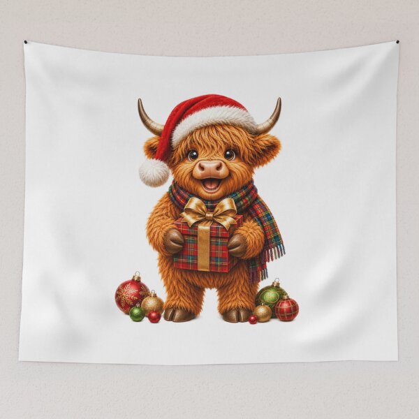 Item preview, Cute Scottish Highland Cow with Christmas Present and Santa Hat designed and sold by MaedK.