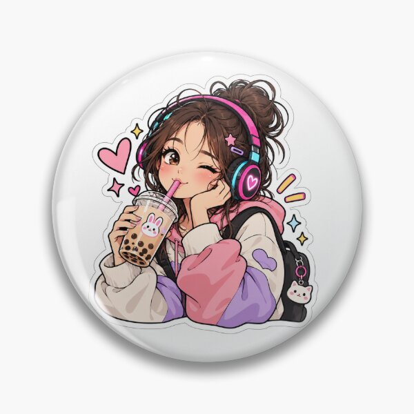 Item preview, Cute Anime Gamer Girl Drinking Boba Tea Kawaii Pastel Aesthetic Sticker designed and sold by SlapHappyArt.