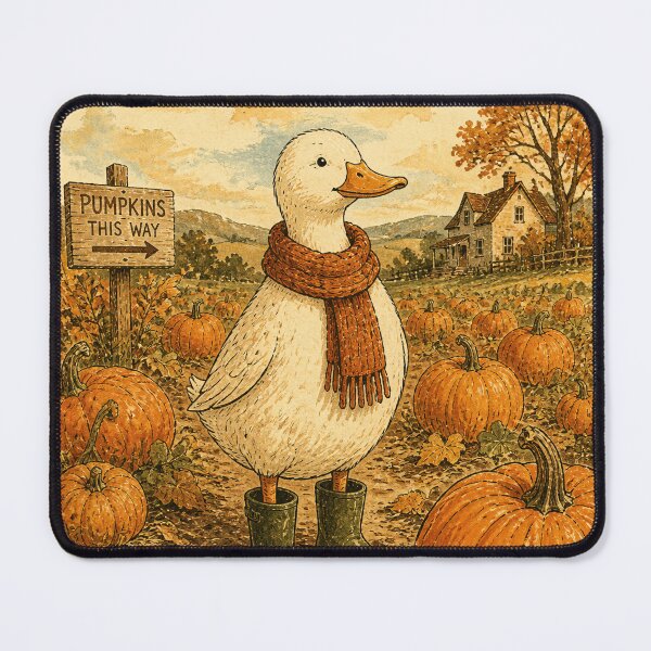 Item preview, Duck wearing a knitted scarf and wellington boots, standing in a field of pumpkins designed and sold by Ponted.