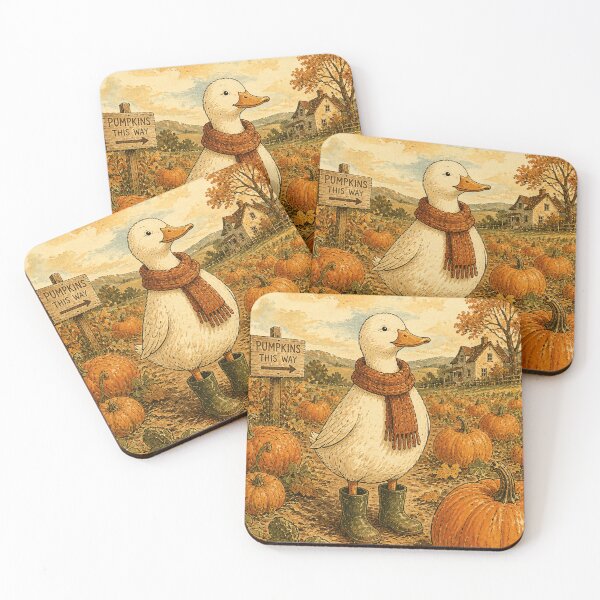 Item preview, Duck wearing a knitted scarf and wellington boots, standing in a field of pumpkins designed and sold by Ponted.