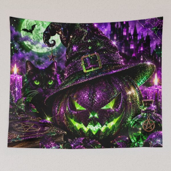 Item preview, Glitter Halloween Witch Cat Pumpkin, Purple Green designed and sold by BloomOfDesign.