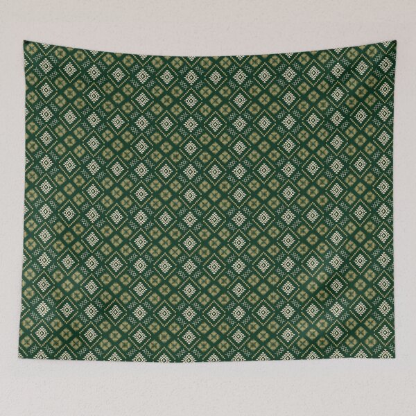 Item preview, Thai Ikat Diamond Seamless Pattern Forest Green Gold Traditional Thai Woven Pixel Textile Fabric Design designed and sold by KOPatternCo.