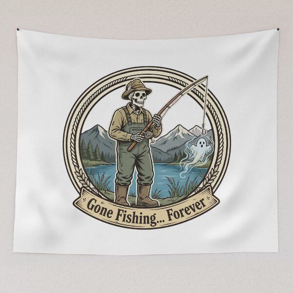 Item preview, Gone Fishing Forever Skeleton Fisherman Ghost Halloween Outdoor designed and sold by Moad Fahim.