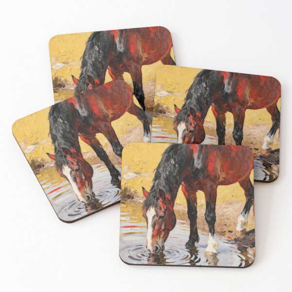 Item preview, Red Brown Horse Drinking Water Puddle Impasto designed and sold by KAMOCHI Art.
