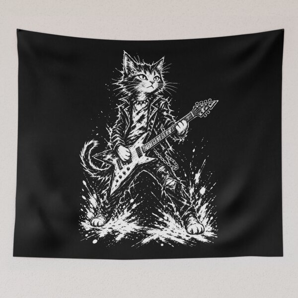 Item preview, Rock Star Cat Electric Guitar Monochrome Brushstroke Art designed and sold by Artycom.