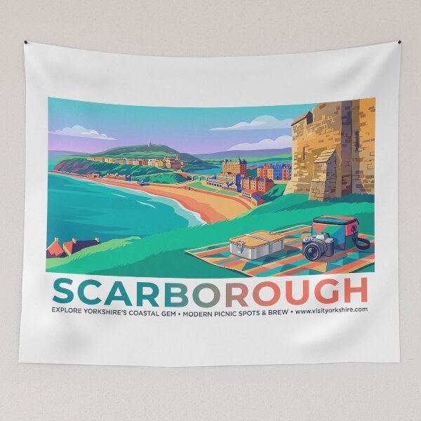 Item preview, Scarborough Vintage Travel Poster – Yorkshire Coast Picnic View designed and sold by ArtworkNorth.