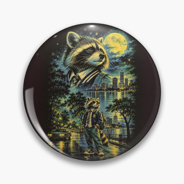 Item preview, Urban Night Raccoon – Vintage City Lights, Moonlit Street & Varsity Jacket designed and sold by HOUSE OF TIST.