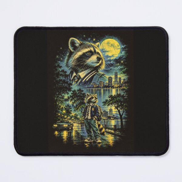 Item preview, Urban Night Raccoon – Vintage City Lights, Moonlit Street & Varsity Jacket designed and sold by HOUSE OF TIST.