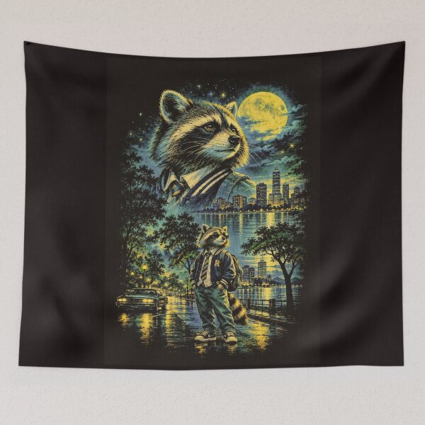 Item preview, Urban Night Raccoon – Vintage City Lights, Moonlit Street & Varsity Jacket designed and sold by HOUSE OF TIST.