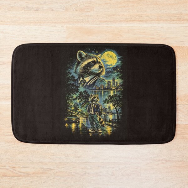 Item preview, Urban Night Raccoon – Vintage City Lights, Moonlit Street & Varsity Jacket designed and sold by HOUSE OF TIST.