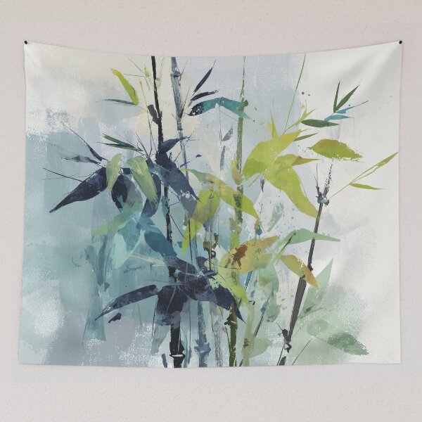 Item preview, Charcoal Bamboo Painting Lime Green and Navy Leaves Asian Zen Botanical Art designed and sold by solynneart.