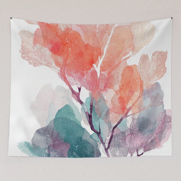 Item preview, Sea Fan Coral Art Watercolor Coral Pink and Teal Branching Reef Wall Print designed and sold by solynneart.