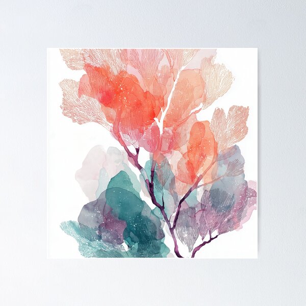 Item preview, Sea Fan Coral Art Watercolor Coral Pink and Teal Branching Reef Wall Print designed and sold by solynneart.