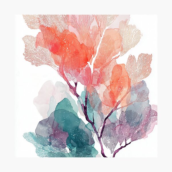 Item preview, Sea Fan Coral Art Watercolor Coral Pink and Teal Branching Reef Wall Print designed and sold by solynneart.