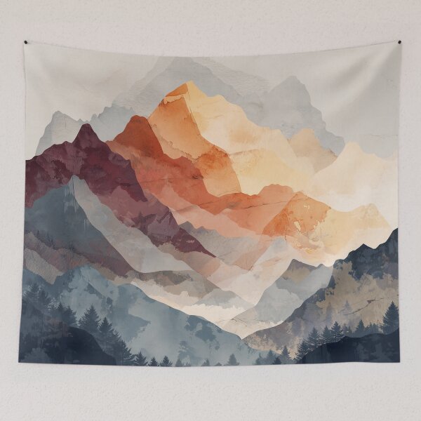 Item preview, Mountain Pine Forest Print Amber Sunset Peak and Navy Evergreen Silhouette Art designed and sold by solynneart.