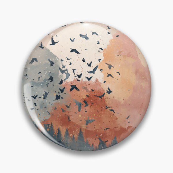 Item preview, Flock of Birds at Sunset Print Coral Sky Navy Forest Silhouette Landscape Art designed and sold by solynneart.