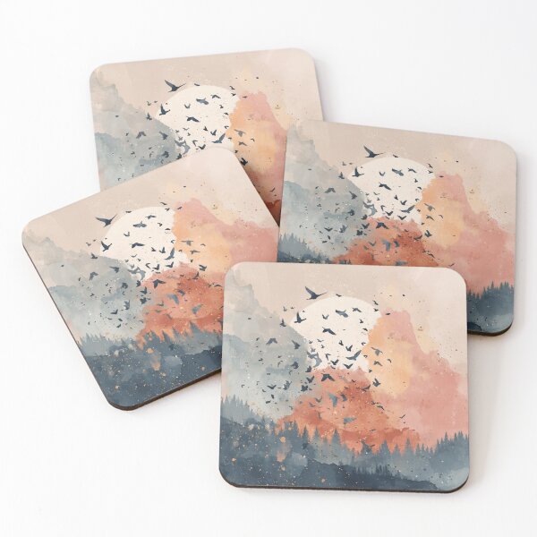 Item preview, Flock of Birds at Sunset Print Coral Sky Navy Forest Silhouette Landscape Art designed and sold by solynneart.