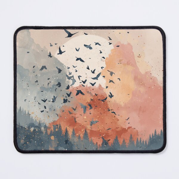 Item preview, Flock of Birds at Sunset Print Coral Sky Navy Forest Silhouette Landscape Art designed and sold by solynneart.