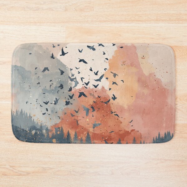 Item preview, Flock of Birds at Sunset Print Coral Sky Navy Forest Silhouette Landscape Art designed and sold by solynneart.