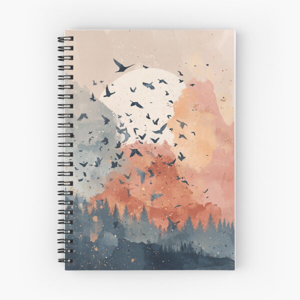 Item preview, Flock of Birds at Sunset Print Coral Sky Navy Forest Silhouette Landscape Art designed and sold by solynneart.