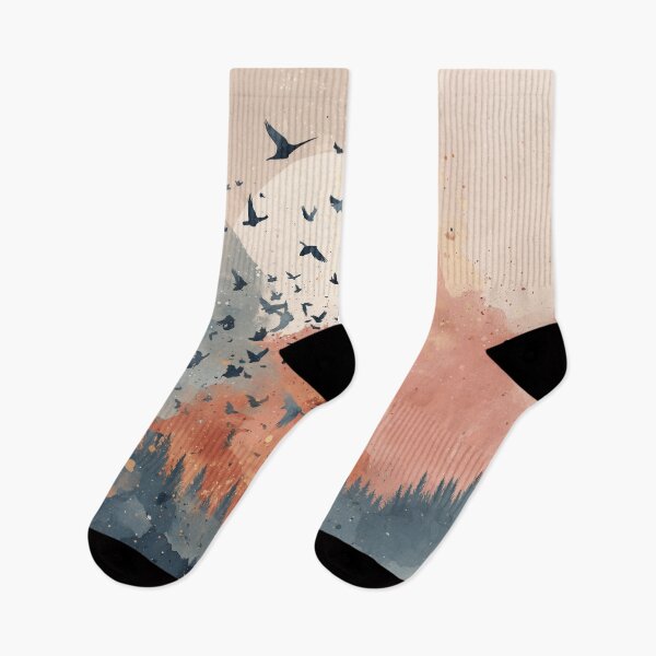Item preview, Flock of Birds at Sunset Print Coral Sky Navy Forest Silhouette Landscape Art designed and sold by solynneart.