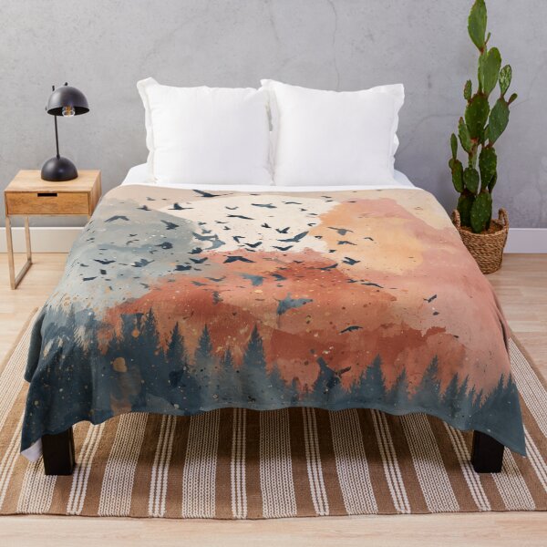 Item preview, Flock of Birds at Sunset Print Coral Sky Navy Forest Silhouette Landscape Art designed and sold by solynneart.