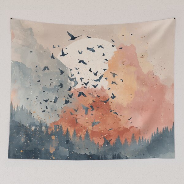 Item preview, Flock of Birds at Sunset Print Coral Sky Navy Forest Silhouette Landscape Art designed and sold by solynneart.