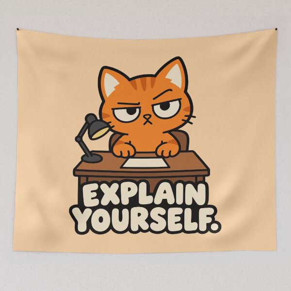 Item preview, Explain Yourself Funny Orange Cat – Grumpy Cat at Desk designed and sold by MewMade.